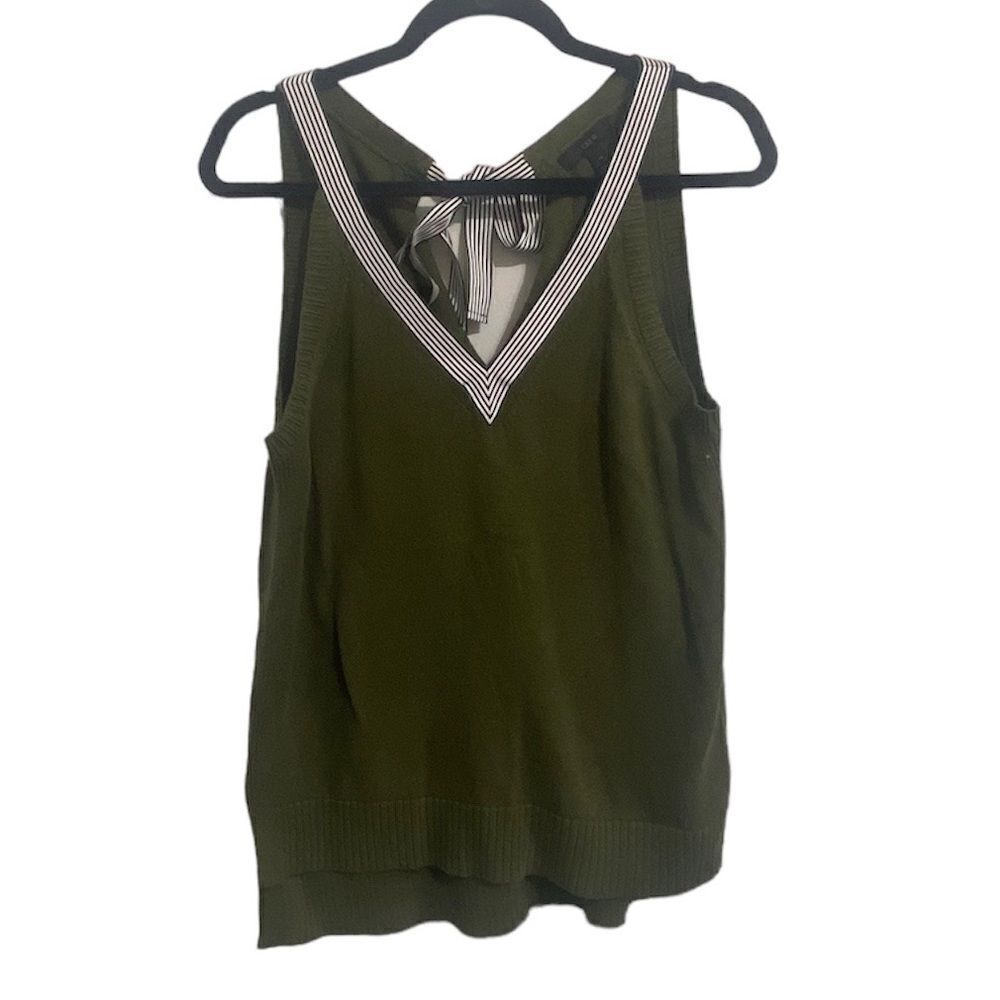 J. Crew Green Tank with Striped V-Neck and Back Bow